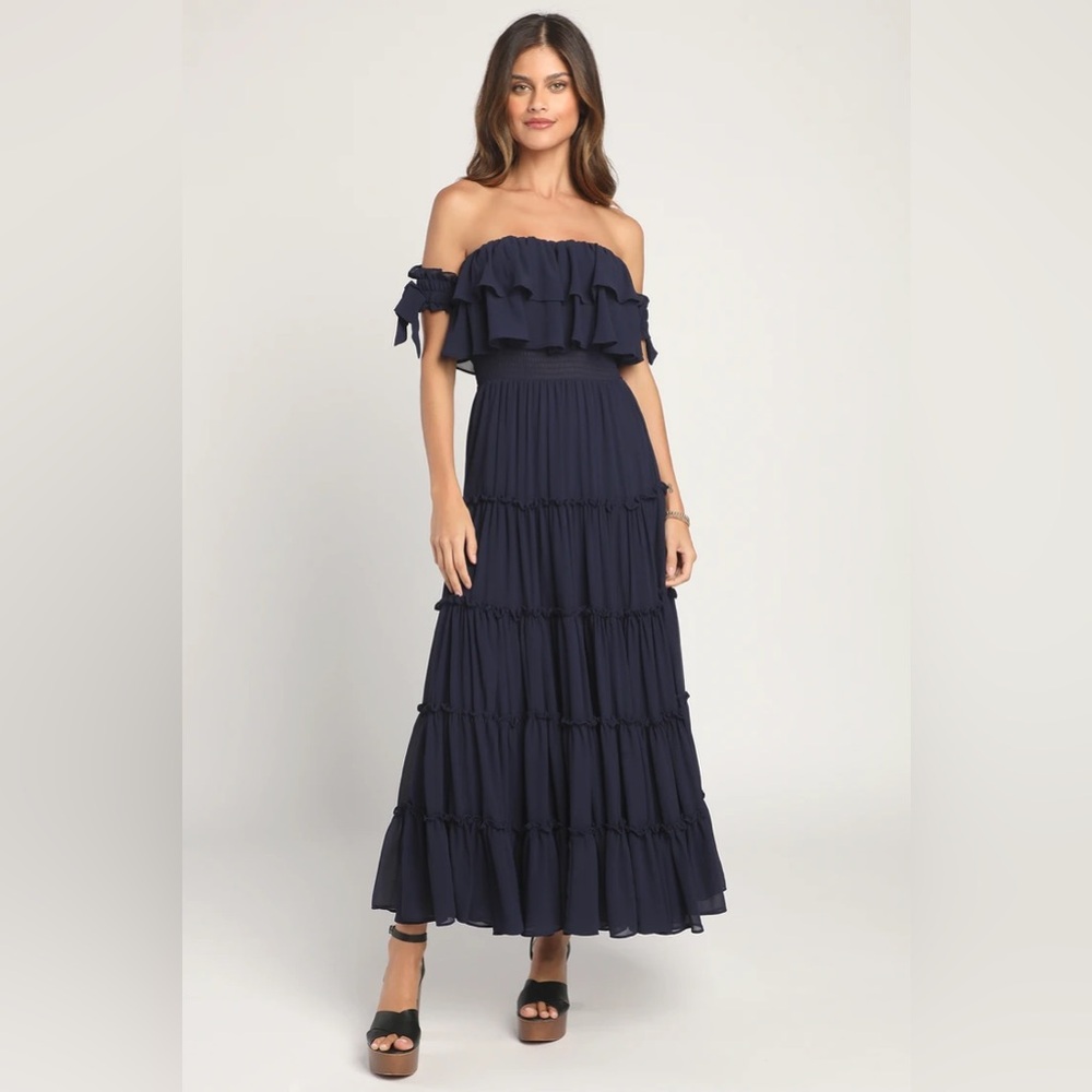 Lulus Chance For Us Navy Blue Off-the-Shoulder Ruffled Maxi Dress
